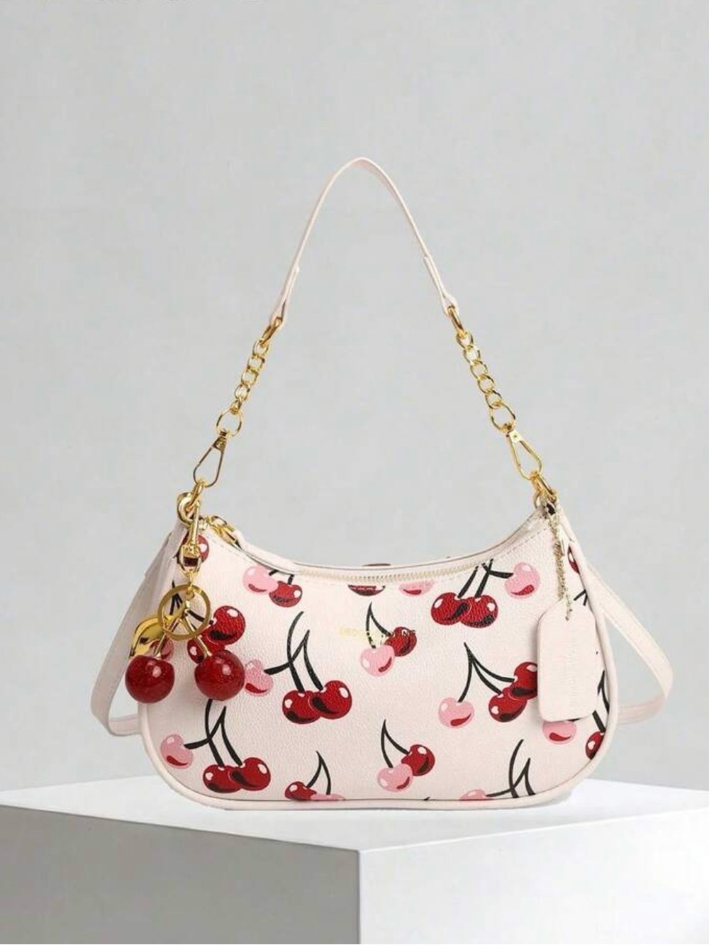 Cherry Pink Print Shoulder Bag with Gold Chain Accent